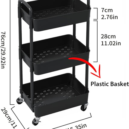 3-Tier Rolling Utility Cart with Wheels, Black Plastic Storage Trolley with Lockable Casters