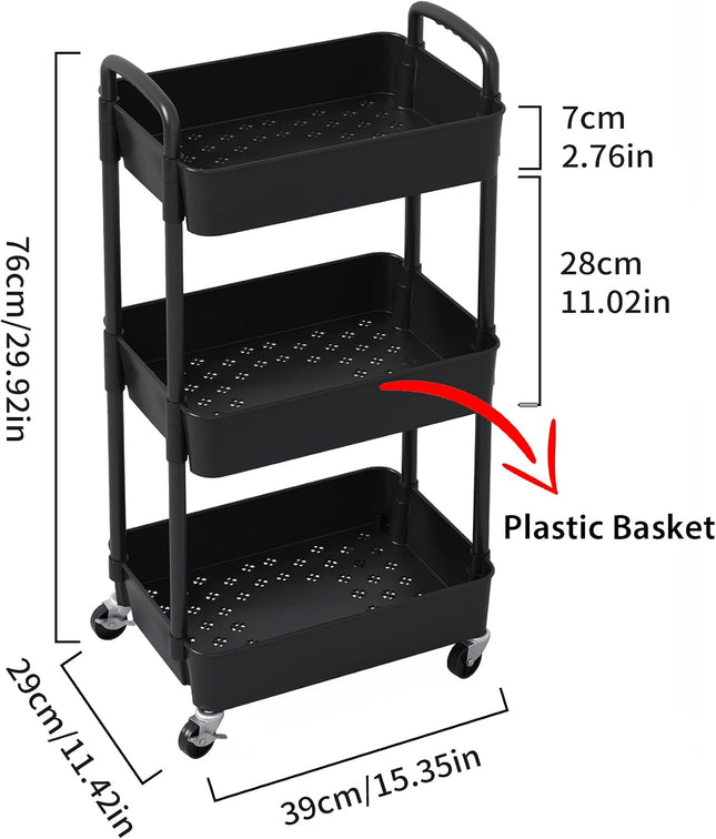 3-Tier Rolling Utility Cart with Wheels, Black Plastic Storage Trolley with Lockable Casters