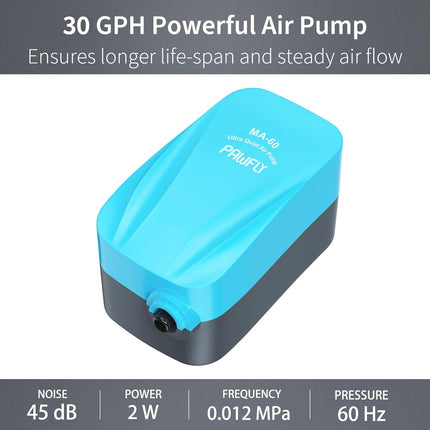 2W Quiet Aquarium Air Pump 30 GPH with Air Stone, Sponge Filter and Accessories