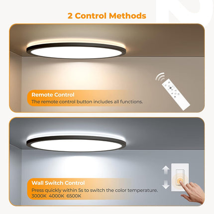 Black LED Flush Mount Ceiling Light, 15.4", Dimmable with Remote for Living Room