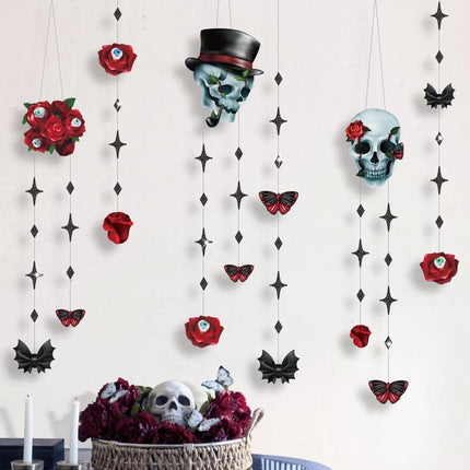Skull Rose Halloween Garland, Red Rose & Black Skull Gothic Party Hanging Decor