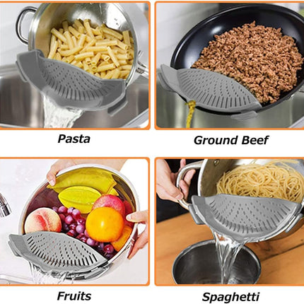 Clip On Silicone Strainer for Pots Pans Collapsible Colander Grey Kitchen
