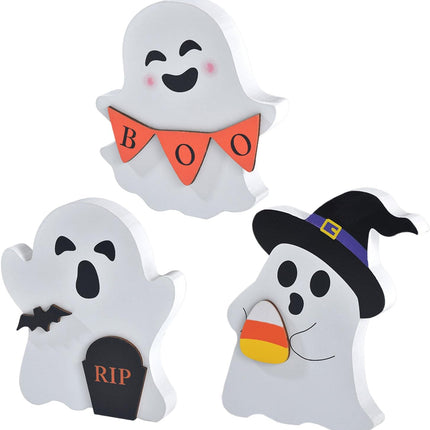 3-Piece Cute Halloween Ghost Wooden Table Decor, Tiered Tray Signs for Home Party