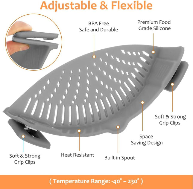 Clip On Silicone Strainer for Pots Pans Collapsible Colander Grey Kitchen