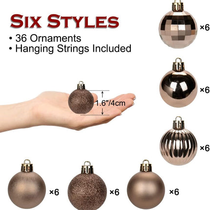 36-Piece Brown Christmas Tree Ornaments – Mini 1.57" Shatterproof Balls for Holiday Décor