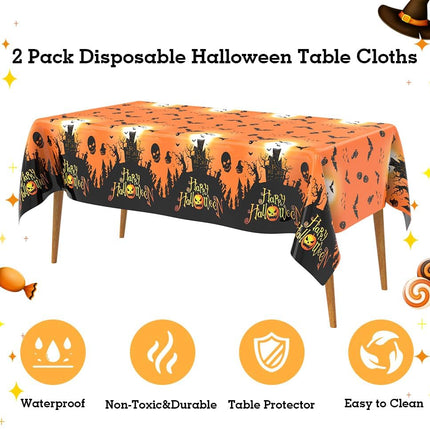 2-Pack Halloween Plastic Tablecloths 108x54in, Orange Castle Witch Party Table Decor
