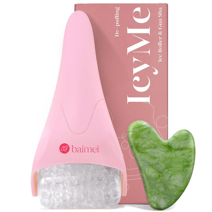 IcyMe Pink Ice Roller for Face with Gua Sha Set Skin Care Reduces Puffiness PK