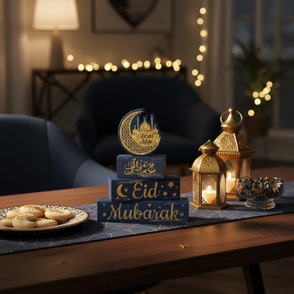 4Pc Ramadan Wooden Decorations Eid Mubarak Islamic Tiered Tray Decor