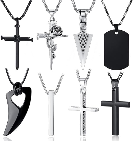 8 Pcs Necklace Set for Men – Black & Silver Stainless Steel, Cross Pendant, 16-24 Inches