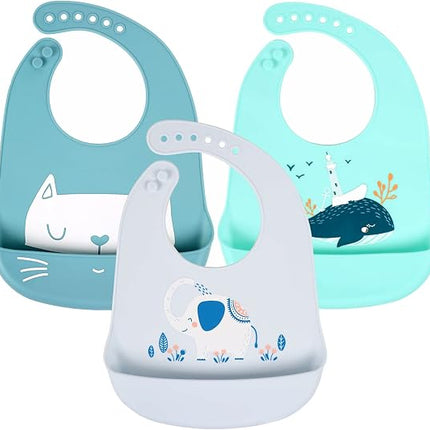 Baby Silicone Feeding Bibs 3pcs Adjustable Waterproof Bibs for Toddlers Mealtime