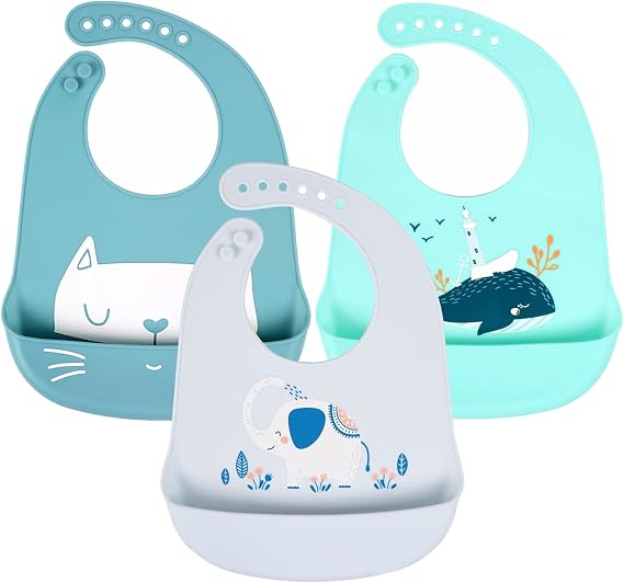 Baby Silicone Feeding Bibs 3pcs Adjustable Waterproof Bibs for Toddlers Mealtime