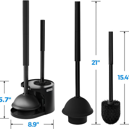 2-in-1 Toilet Brush and Plunger Set with Holder 21 Inch Long Handle Black