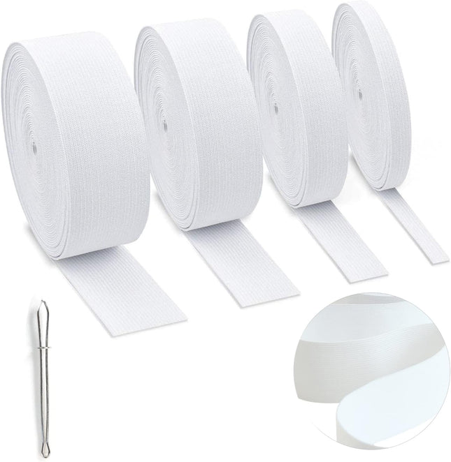 4 Rolls White Sewing Elastic Bands, 4 Widths Stretch Knit Elastic for Waistbands and Crafts