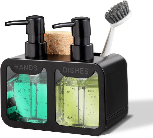 4-in-1 Kitchen Soap Dispenser Set – Black Soap & Dish Soap, Sponge Caddy & Brush Holder