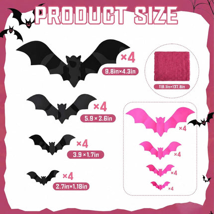 118x138in Pink Halloween Gauze with 32 3D Bats, Creepy Haunted House Party Decor