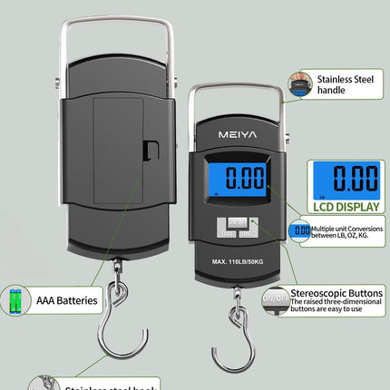 110LB/50KG Digital Fish Scale with Backlit LCD, Stainless Steel Hook & Handle