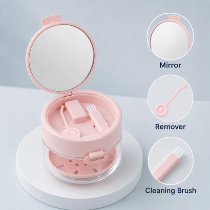 3-in-1 Denture & Retainer Cleaning Case, Large Capacity Bath Box with Mirror, Brush & Tool, Pink