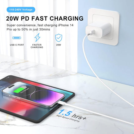 2-Pack 10FT MFi USB-C to Lightning Fast Charging Cables with 20W Wall Charger for iPhone & iPad