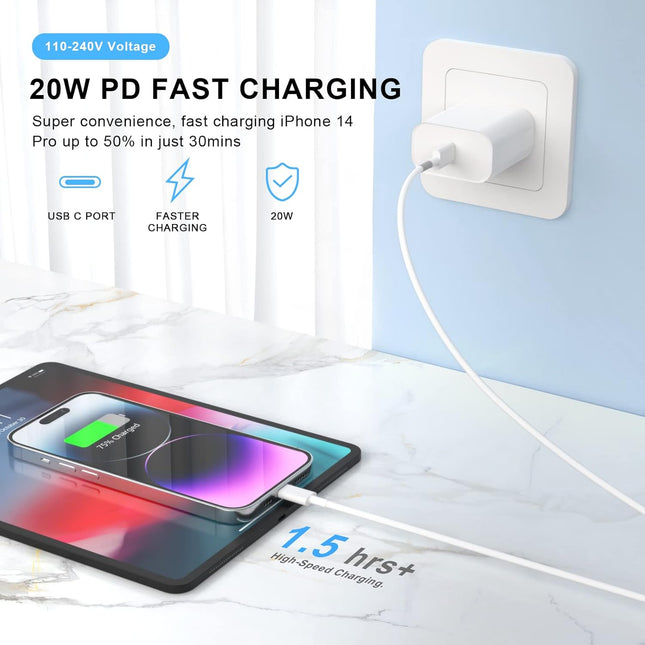 2-Pack 10FT MFi USB-C to Lightning Fast Charging Cables with 20W Wall Charger for iPhone & iPad
