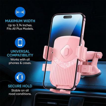 360° Car Phone Holder Pink, Adjustable Suction Cup & Vent Mount, Universal Fit