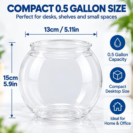 0.5 Gallon Clear Plastic Fish Bowl, Round PET Desktop Aquarium for Plants and Décor