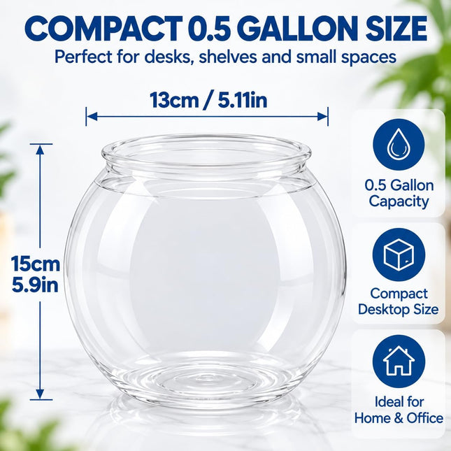 0.5 Gallon Clear Plastic Fish Bowl, Round PET Desktop Aquarium for Plants and Décor