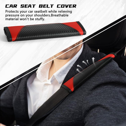 2PCS Red Car Seat Belt Cover Pads Carbon Fiber PU Leather Shoulder Cushion Protectors