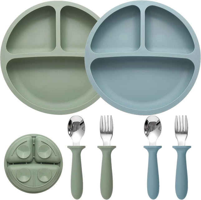 Baby Feeding Set – 2 Silicone Divided Suction Plates + 2 Spoons & Forks
