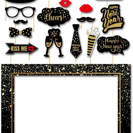 17 PCS Glitter Happy New Year 2026 Photo Booth Props with Photo Frame