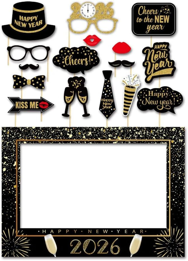 17 PCS Glitter Happy New Year 2026 Photo Booth Props with Photo Frame
