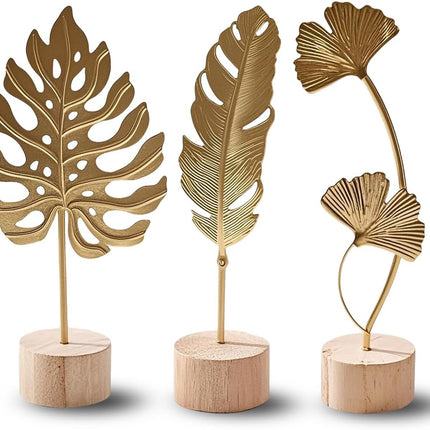 Gold Leaf Home Decor Set, Metal Leaf Statues, Modern 3D Botanical Sculptures for Shelf & Living Room