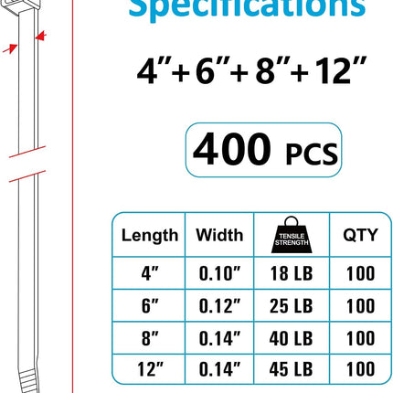 400pcs Black Zip Ties – Assorted Sizes 4", 6", 8", 12", UV Resistant