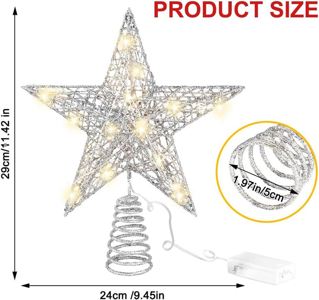 11.8" Silver Christmas Tree Topper Star – Lighted 20 LED Treetop Decoration