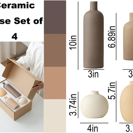 Modern Ceramic Vase Set 4Pcs, Neutral Decorative Vases for Shelf & Home Decor