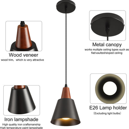2 Pack Black and Wood Pendant Lights E26 Industrial Dome Hanging Ceiling Fixtures