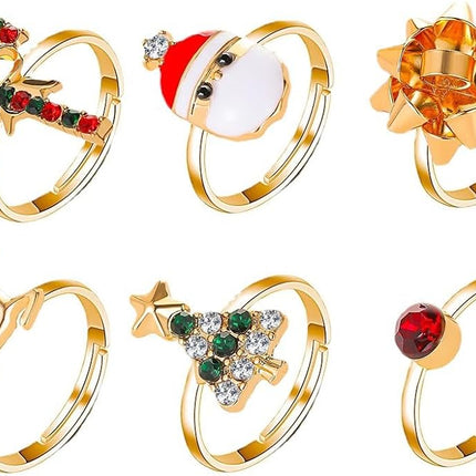 6PCS Christmas Statement Ring Set | Tree, Santa & Reindeer Holiday Jewelry