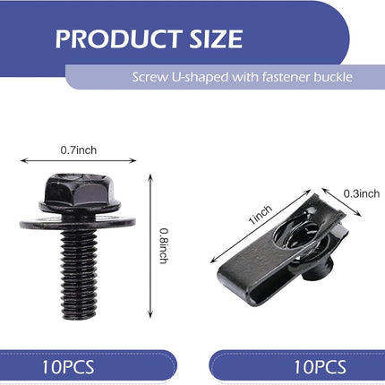 10 Sets M6-1.0 Automotive Body Bolts & U-Nut Clips, Rust-Resistant Car Fasteners