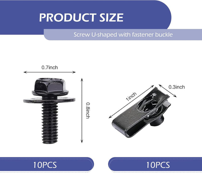 10 Sets M6-1.0 Automotive Body Bolts & U-Nut Clips, Rust-Resistant Car Fasteners