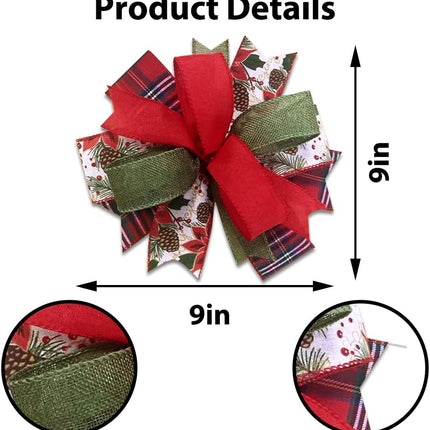 Red Green Christmas Wreath Bow 9x9in – Linen Farmhouse Bow with Pinecone