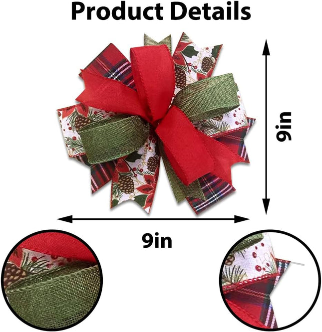 Red Green Christmas Wreath Bow 9x9in – Linen Farmhouse Bow with Pinecone