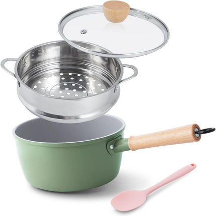 2QT Ceramic Nonstick Saucepan with Lid & Steamer, PFAS-Free, Induction Safe