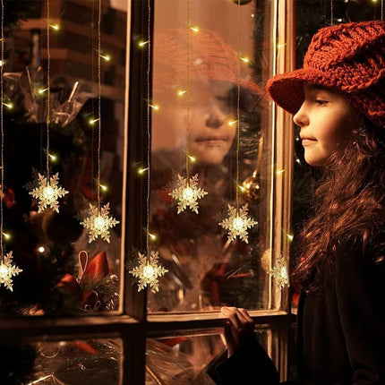 96 LED Snowflake Curtain Lights, 13ft Plug-In, 8 Modes, Warm White for Xmas/Home