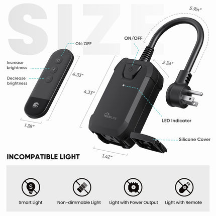 100FT Wireless Dimmer Plug – IP44, Outdoor, 400W Max, String & Patio Lights