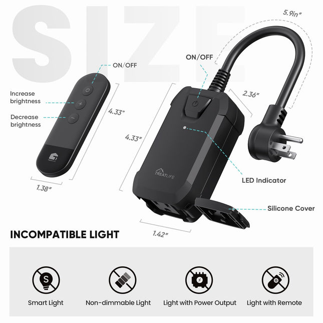 100FT Wireless Dimmer Plug – IP44, Outdoor, 400W Max, String & Patio Lights