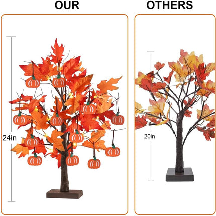 2FT Lighted Maple Leaf Tree, 24 LED Lights & 12 Wood Pumpkin Ornaments, Fall Decor