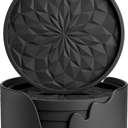 6 Pack Black Silicone Coasters with Holder Non Slip Cup Mats for Drinks
