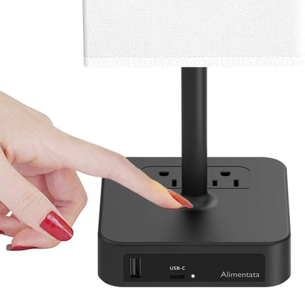 Bedside Table Lamp Touch Control USB C+A 2 AC Outlets Black Fabric Shade White