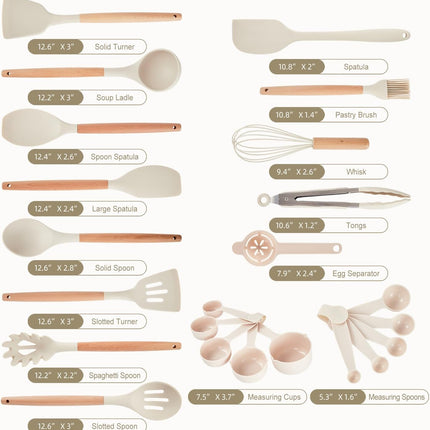 34-Piece Nonstick Silicone Kitchen Utensil Set with Wooden Handles, Cream White