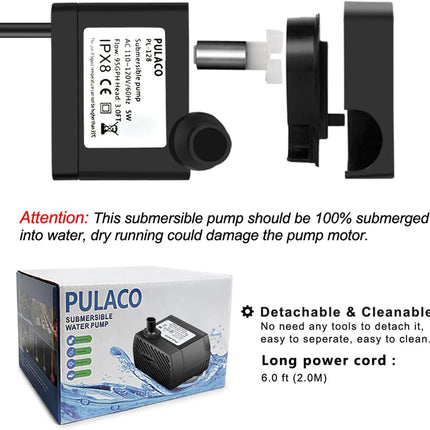 50GPH 3W Mini Submersible Water Pump with 3.3FT Tubing for Aquarium, Pond & Fountain