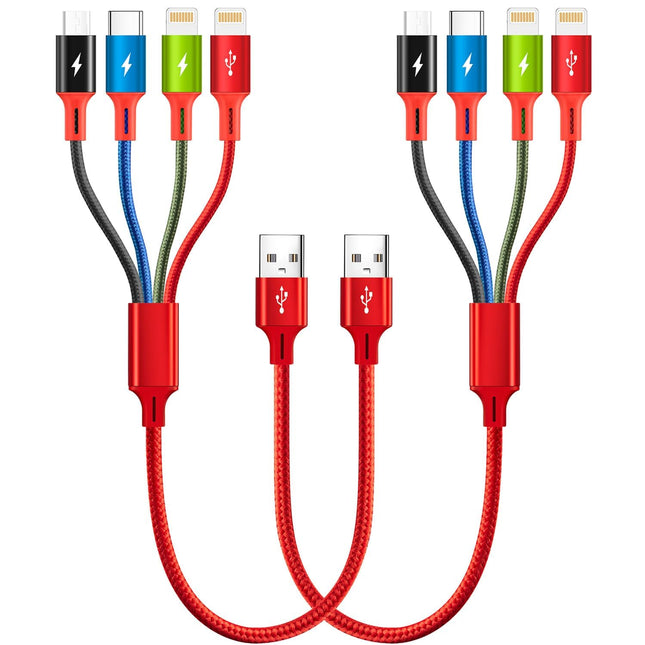 2-Pack 1Ft 4-in-1 Multi Charging Cable – USB, Type-C, Micro USB Fast Charge